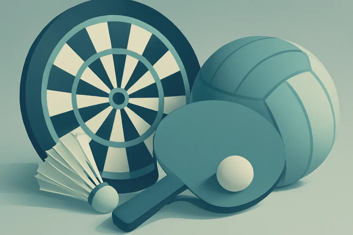 Sporteszközök egy képen: darts, ütő, toll és labda